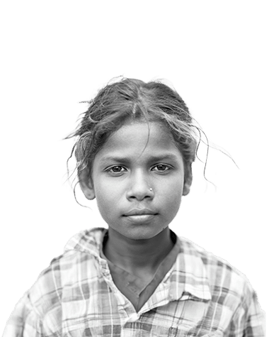 Black and white portrait of a young girl wearing a plaid shirt, looking directly at the camera with a calm and composed expression, strands of hair softly framing her face.